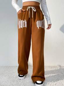 SHEIN Unity Đồ họa Chữ cái Eo dây rút Quần ống rộng - Cà phê nâu - Xem 1