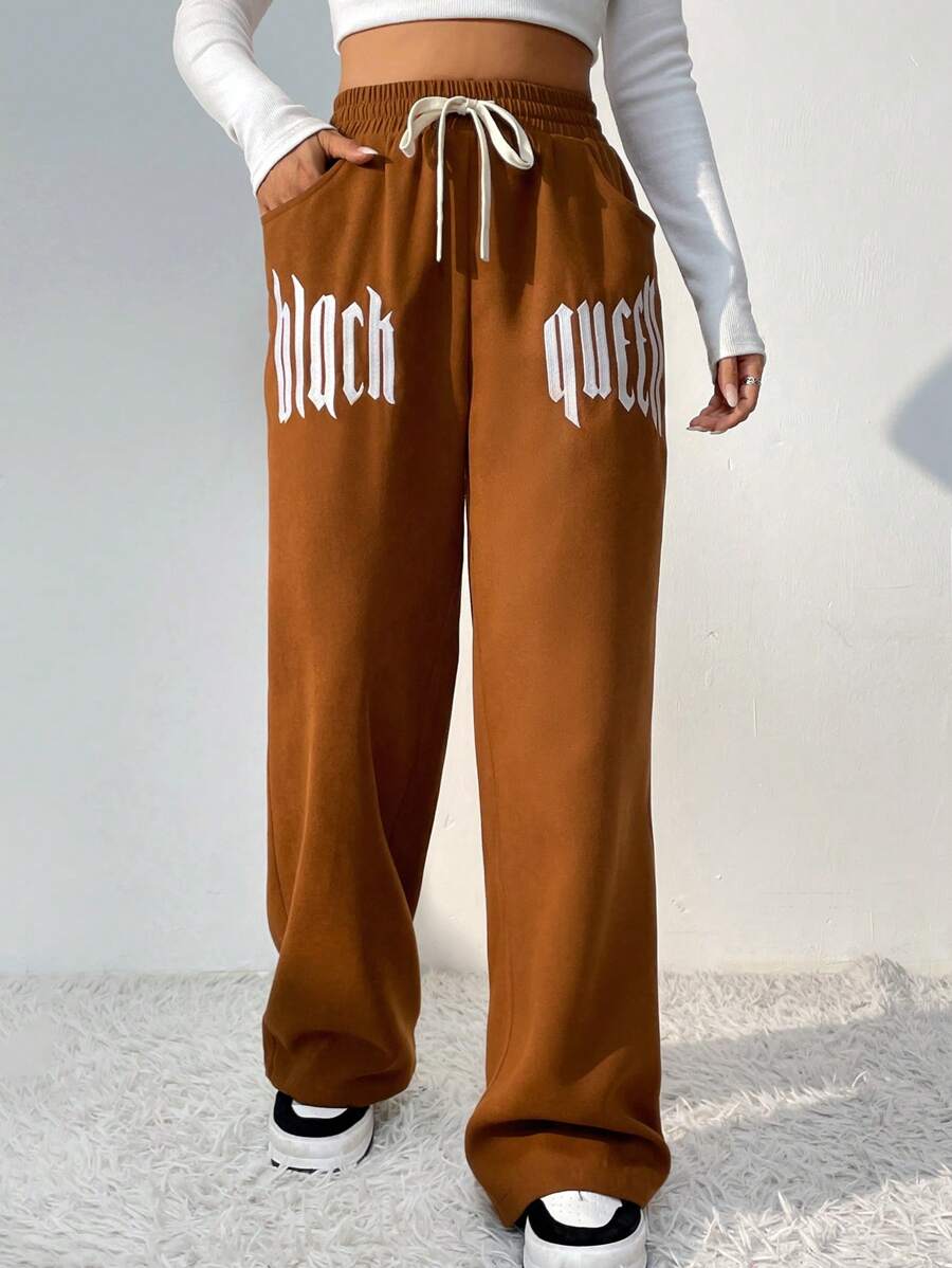 SHEIN Unity Đồ họa Chữ cái Eo dây rút Quần ống rộng - Cà phê nâu - Xem 1