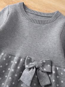 Baby Girls' Polka Dot Pattern Sweater Dress With Bowknot Decoration