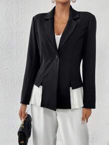 SHEIN Privé Chaqueta Blazer Para Mujer Con Cuello De Solapa Y Bloque De Color En El Dobladillo - Blanco y Negro - Ver 4