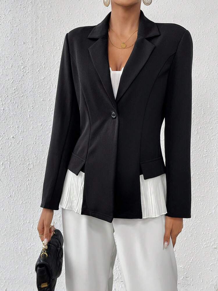 Women's Notched Collar Color Block Hem Blazer Jacket