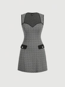 SHEIN MOD Houndstooth Print Button Flap Detail Dress - Black and White - View 1