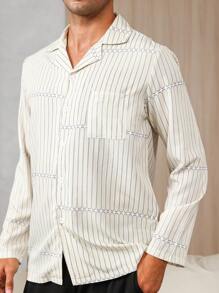 Men Striped Print Pocket Patched Sleep Top - Beige - View 5
