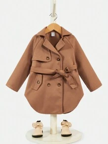 SHEIN Young Girl Double Breasted Raglan Sleeve Belted Overcoat - Brown - View 1