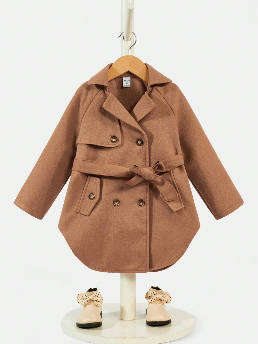 SHEIN Young Girl Double Breasted Raglan Sleeve Belted Overcoat - Brown - View 1
