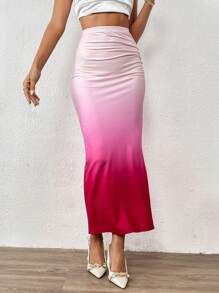 SHEIN Privé 漸層褶邊高衩側收褶半身裙 - 彩色 - 查看 5