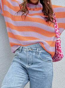 Chiquease Striped Pattern Drop Shoulder Knit Pullover Fall Winter Sweater - Multicolor - View 4