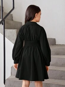 SHEIN Leap Crew 女大童素色燈籠袖褶皺細節襯衫洋裝 - 黑色 - 查看 2