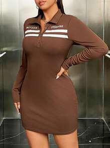 SHEIN EZwear Kích thước lớn In thư Tay áo dài Đầm - màu nâu - Xem 6