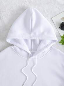 SHEIN EZwear 加大码蝴蝶标语图案抽绳保暖内衬卫衣 - 白色 - 查看 5