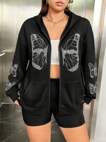 SHEIN EZwear Talla grande Capucha con cremallera con diamante de imitación con estampado de mariposa de hombros caídos - Negro - Ver 3