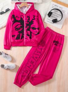 SHEIN Cô gái Tween Đồ họa Hình áo có mũ Áo khoác & Quần nỉ - Màu Hồng Tươi - Xem 1