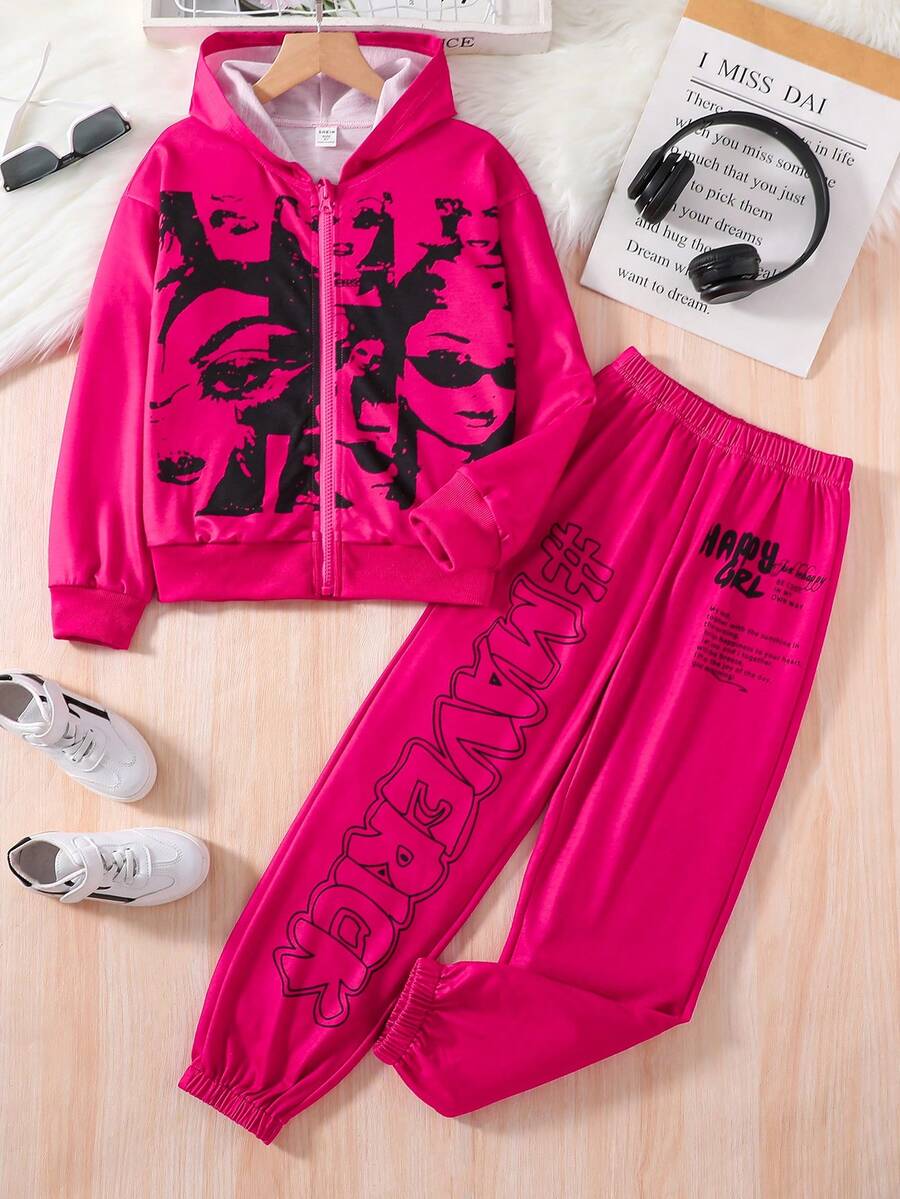 SHEIN Cô gái Tween Đồ họa Hình áo có mũ Áo khoác & Quần nỉ - Màu Hồng Tươi - Xem 1