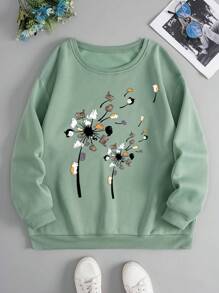 SHEIN EZwear Hơn In Hoạt hình Lót nhiệt Áo nỉ - Màu xanh Bạc hà - Xem 1