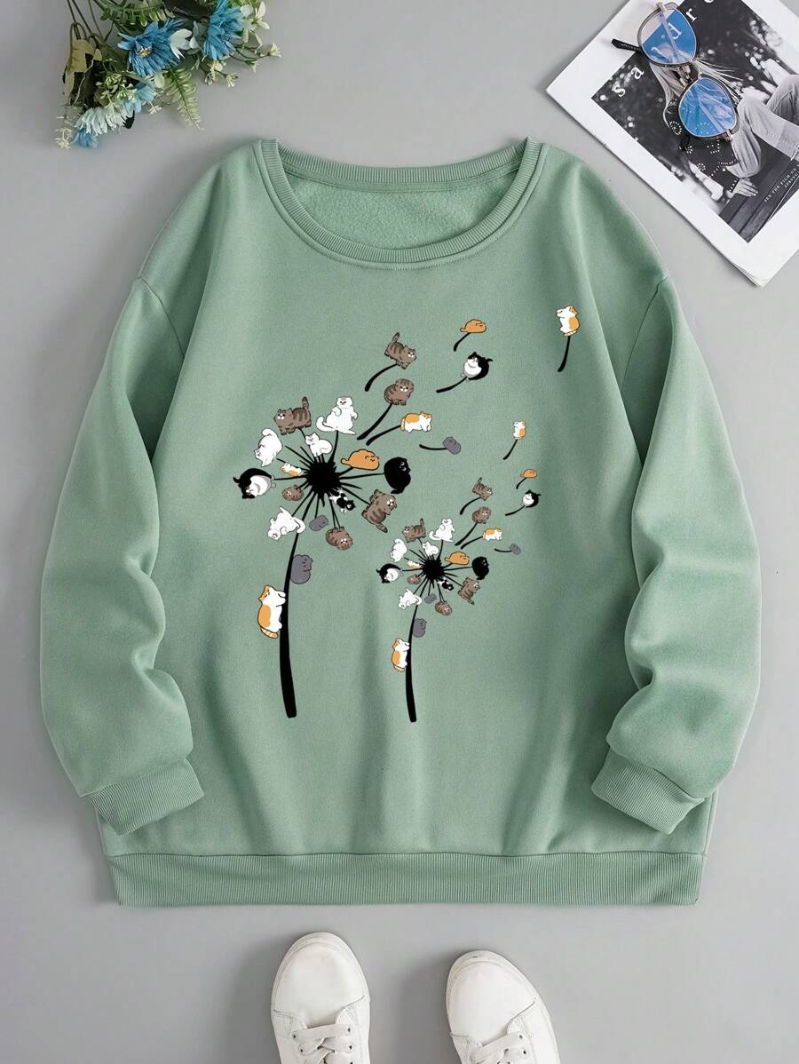 SHEIN EZwear Hơn In Hoạt hình Lót nhiệt Áo nỉ - Màu xanh Bạc hà - Xem 1