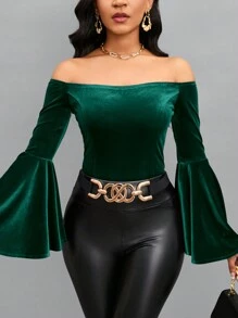 SHEIN Lady Off Shoulder tay áo lá sen Nhung Áo thun - Màu xanh lá cây đậm - Xem 1