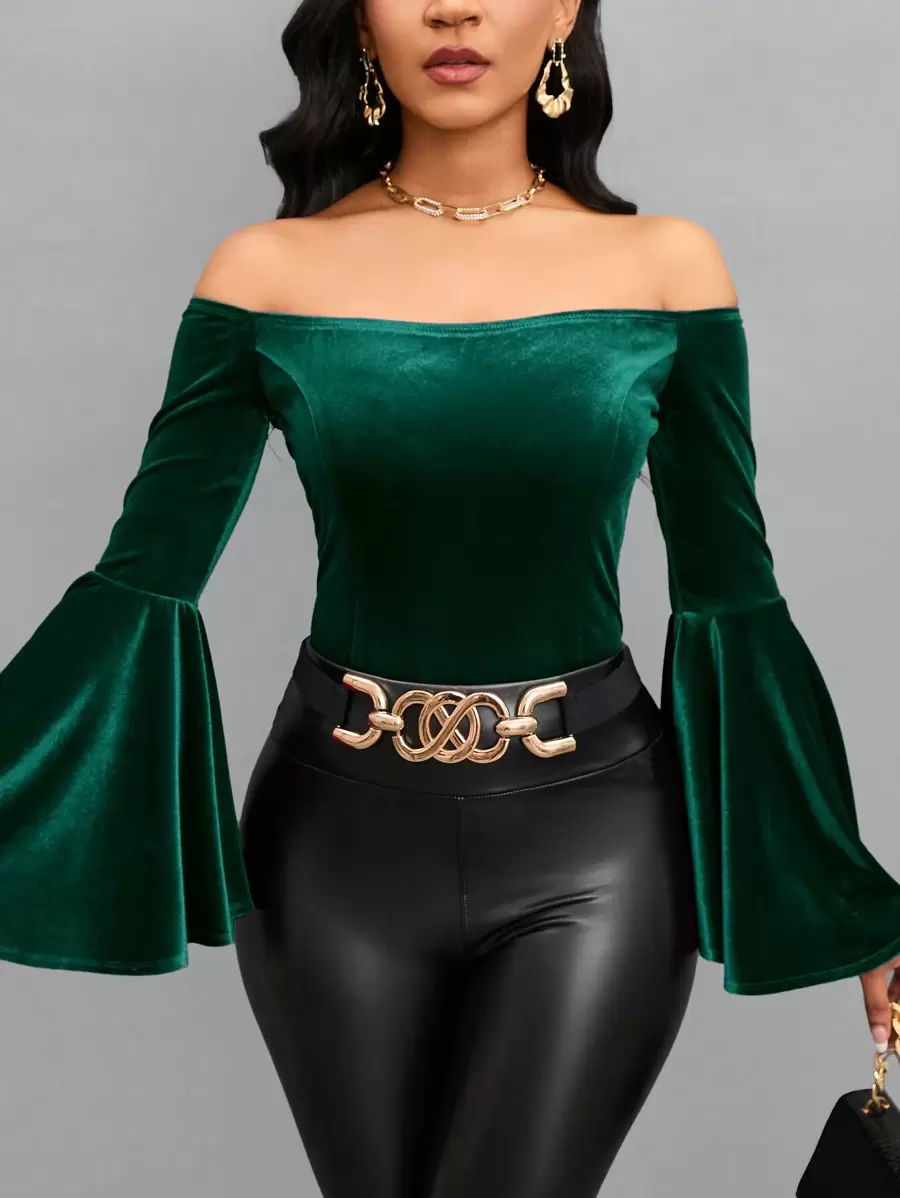 SHEIN Lady Off Shoulder tay áo lá sen Nhung Áo thun - Màu xanh lá cây đậm - Xem 1