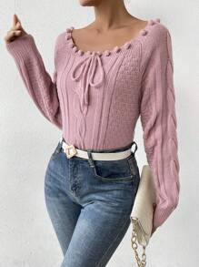 SHEIN LUNE Áo len chui đầu tay raglan buộc dây phía trước với chi tiết quả bông trang trí, thích hợp cho mùa thu đông. - Hồng - Xem 6