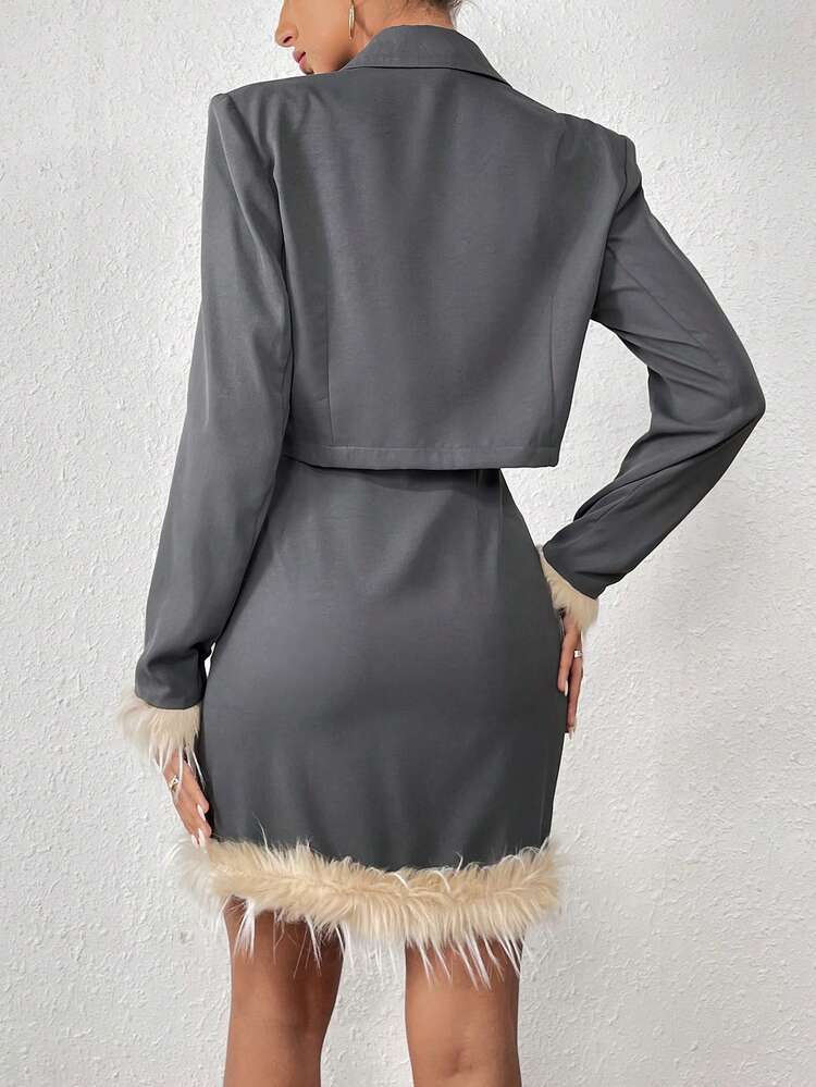 Fuzzy Trim Double Button Blazer & Cami Dress