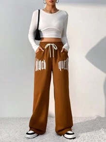 SHEIN Unity Đồ họa Chữ cái Eo dây rút Quần ống rộng - Cà phê nâu - Xem 3