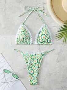 SHEIN Swim Bộ bikini dây buộc cổ in họa tiết hoa cúc dành cho nữ đi biển mùa hè - Nhiều màu - Xem 1