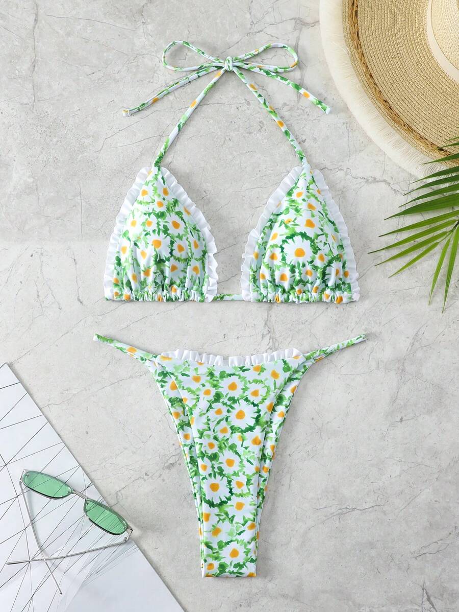 SHEIN Swim Bộ bikini dây buộc cổ in họa tiết hoa cúc dành cho nữ đi biển mùa hè - Nhiều màu - Xem 1