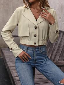 SHEIN LUNE Lapel Neck Button Front Crop Jacket - Khaki - View 5