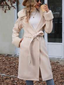 SHEIN Essnce Borg Collar Fuzzy Cuff Belted Overcoat - Beige - View 1