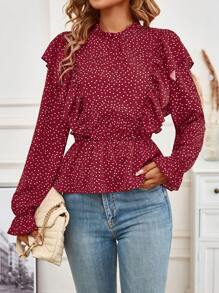 SHEIN LUNE 波點圖案荷葉邊喇叭袖荷葉邊下擺襯衫 - 紅色 - 查看 1