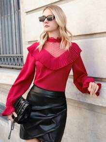 SHEIN Privé Blusa de malla en contraste ribete con fruncido de manga amplia