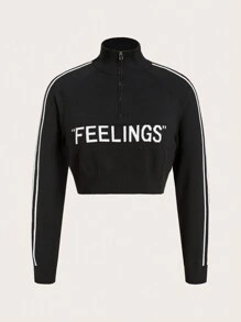 SHEIN EZwear 字母圖案側條紋半拉鏈短款毛衣 - 黑與白 - 查看 1