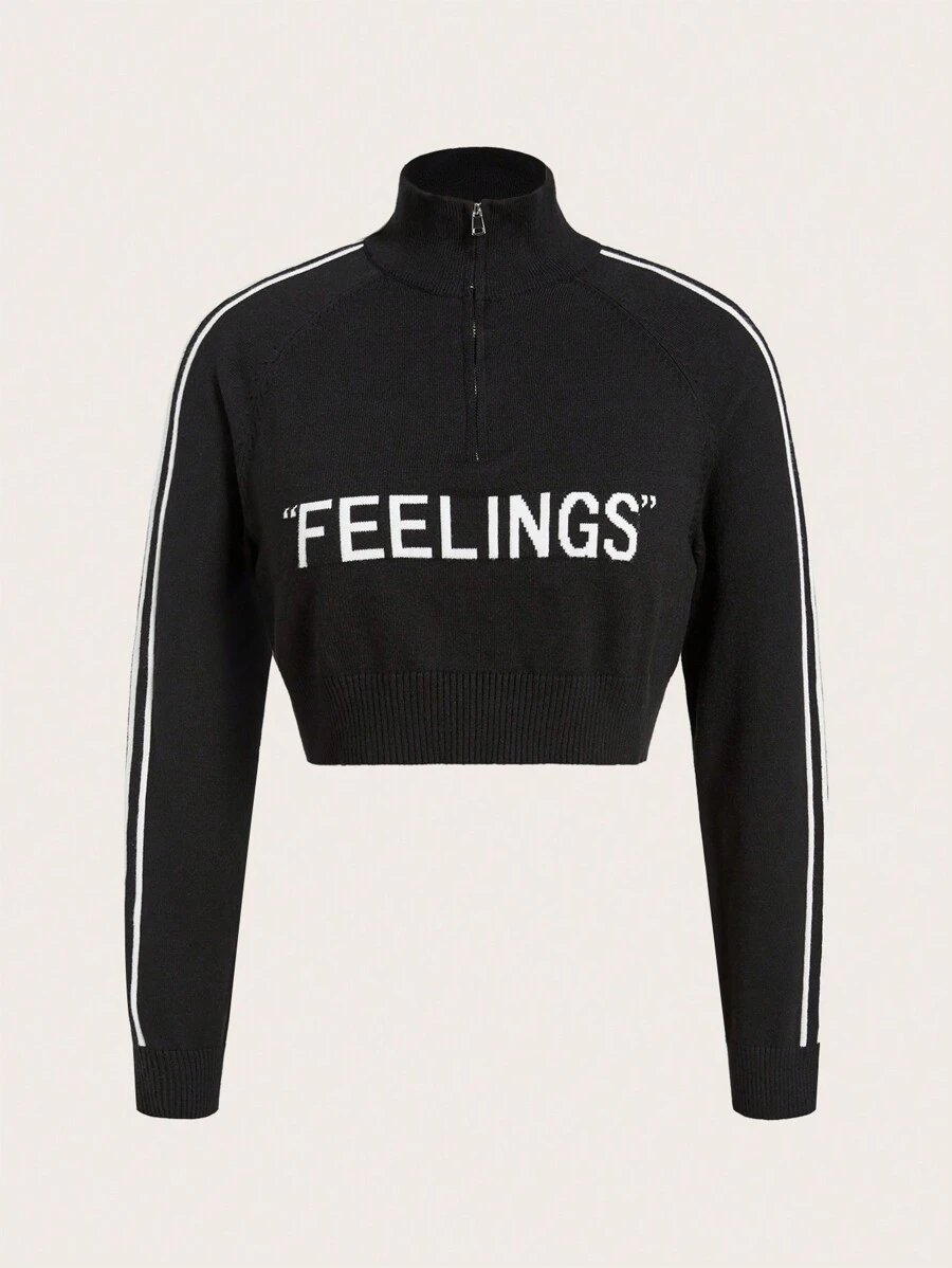 SHEIN EZwear 字母圖案側條紋半拉鏈短款毛衣 - 黑與白 - 查看 1