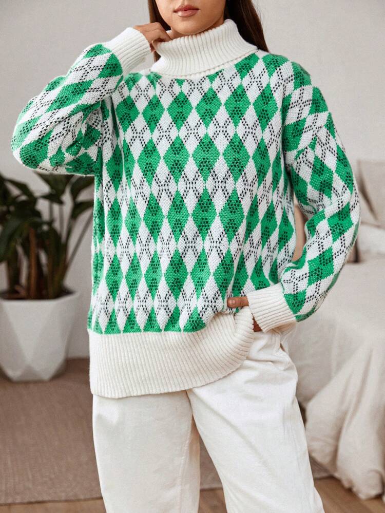 Plus Argyle Pattern Turtleneck Drop Shoulder Sweater Knit Pullover Fall Winter Sweater