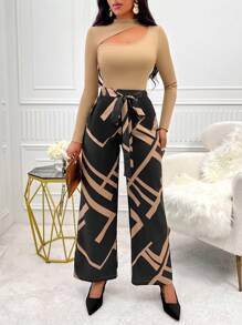 Zolique Cut Out Mock Neck Tee & Geo Print Belted Wide Leg Pants - Coffee Brown - View 4