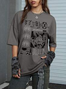 ROMWE Grunge Punk Áo thun tay ngắn in hình nhân vật hoạt hình Nhật Bản dành cho nữ, Trường học, Unisex - Xám - Xem 1