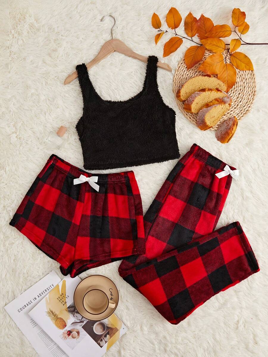 SHEIN Teddy Tank Top & Buffalo Plaid Shorts & Pants PJ Set / Pajama Set, Fall Winter Clothes - Multicolor - View 1