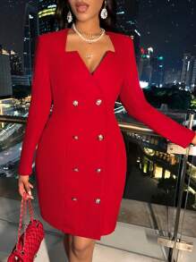 Sweetheart Neck Double Breasted Fitted Dress - Red - View 1