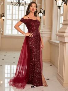 露肩开叉大腿亮片舞会礼服派对礼服婚礼宾客礼服正式礼服晚礼服 - 酒紅色 - 查看 6