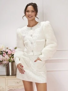 Enchnt 女士拼接袖&亮片細節充氣毛呢大衣 - 白色 - 查看 1