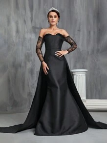 Contrast Lace Off Shoulder Floor Length Wedding Dress - Black - View 5