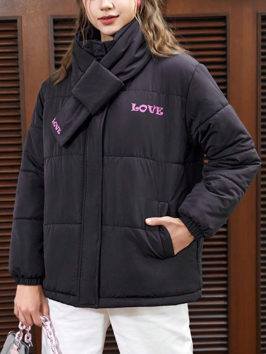 SHEIN EZwear Women's Letter Print Padded Coat With Scarf - Black - View 1