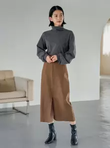 FRIFUL High Waist Split Hem Skirt,Pencil Skirt Fall,Winter - Camel - View 4