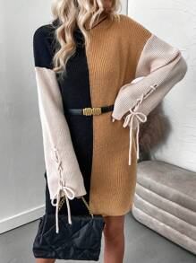 SHEIN LUNE Color Block Drop Shoulder Lace Up Side Sweater Dress Without Belt - Multicolor - View 6