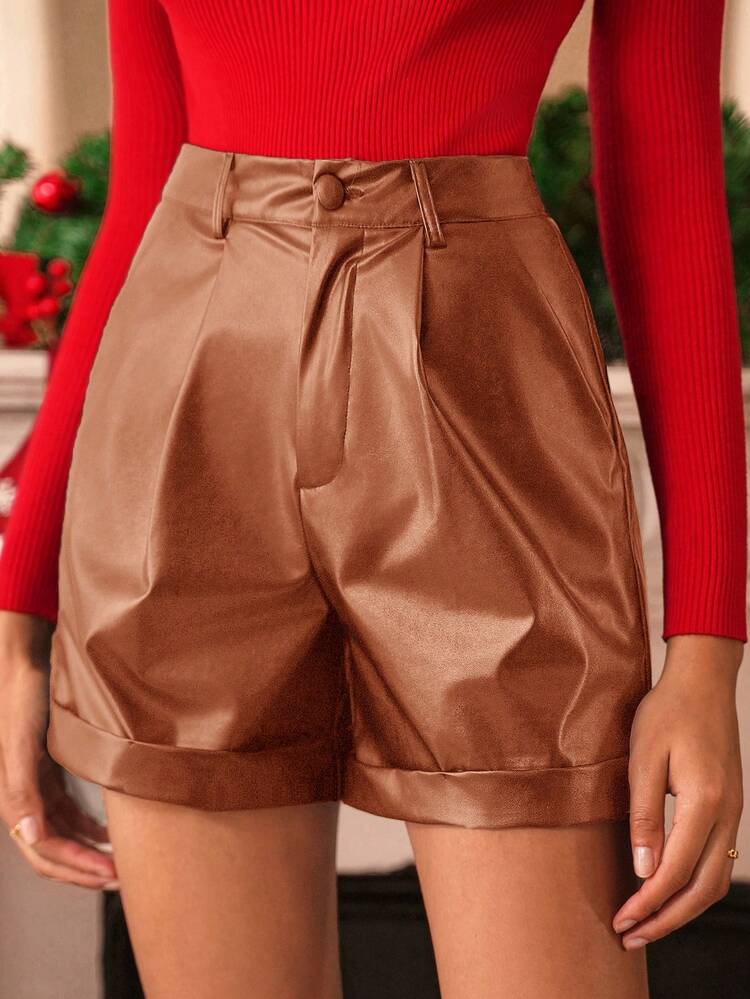 Slant Pocket Roll Up Hem PU Leather Shorts Without Belt Summer Brown Casual