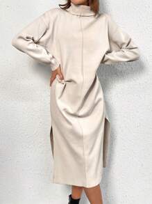 SHEIN Frenchy Áo cao cổ Thả vai Tách đùi Đầm Áo len - Màu be - Xem 4