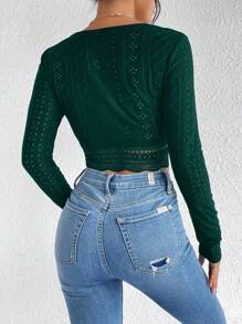 SHEIN Frenchy Cổ Trái tim Trang trí ren Lỗ gắn thêu Áo phông Crop - Màu xanh lá cây đậm - Xem 2