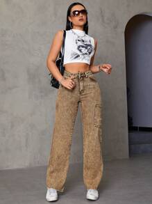 SHEIN ICON 多口袋水洗直筒牛仔褲 - 咖啡棕 - 查看 4