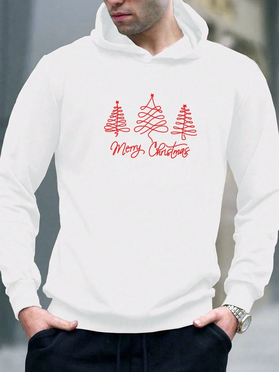 GENTILAND Áo nỉ trùm đầu in chữ và cây thông Noel cỡ lớn cho nam - trắng - Xem 1