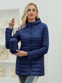 ZIAI 女士纯色轻薄长款连帽冬季羽绒服休闲户外秋冬外套女 - 藏蓝色 - 查看 4