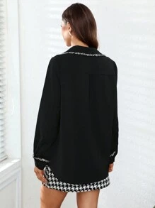 SHEIN Privé Contrast Trim Button Front Shirt - Black - View 2